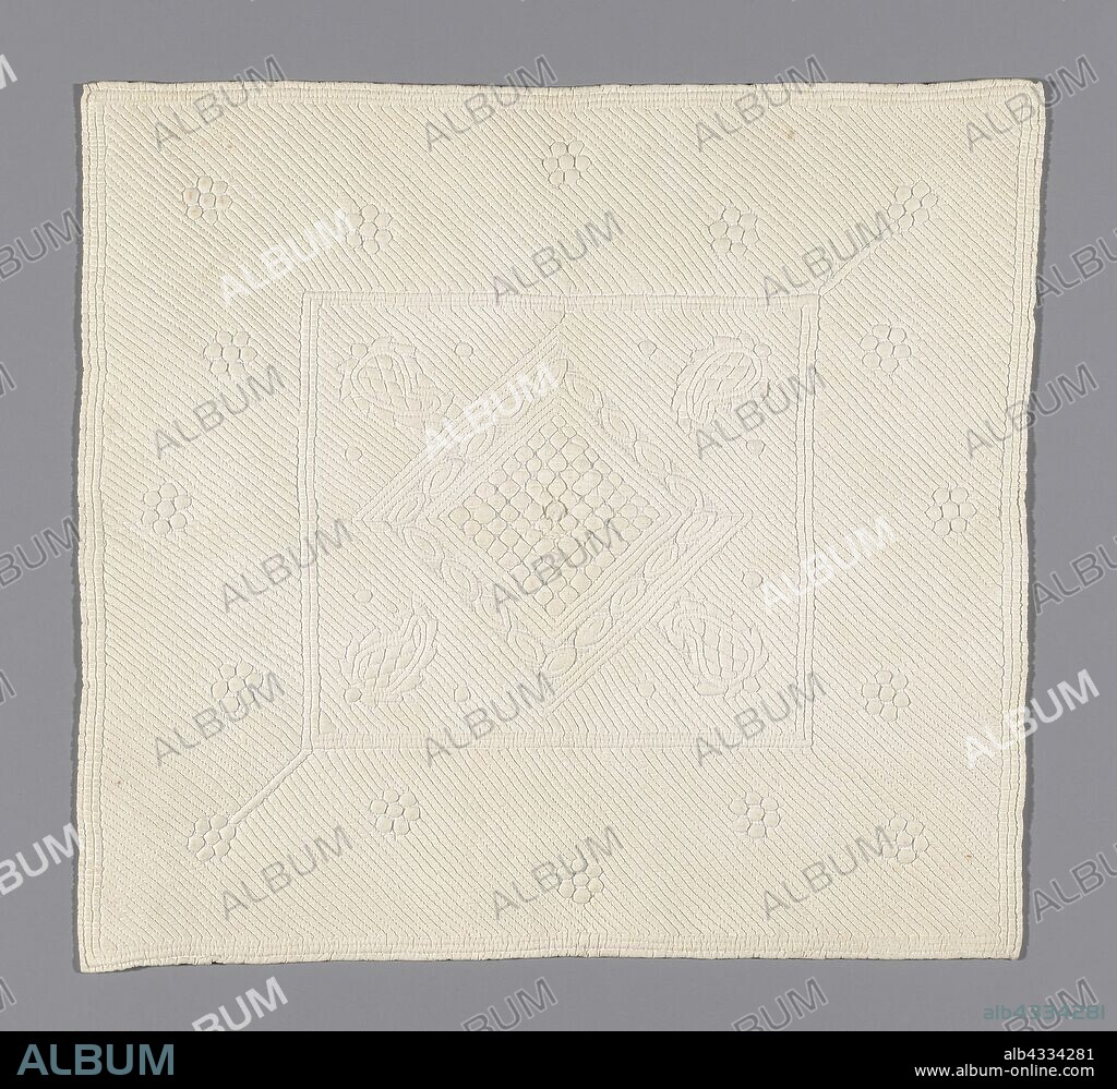 Pillow, 1825/75, France, Cotton, plain weave, quilted, cotton batting, lined with cotton, plain weave, 49.9 × 45 cm (19 5/8 × 17 3/4 in.), Coat from Three Piece Man’s Suit, Louis XVI period (1774–1789), 1750/75, Italy or France, Italy, Generally known as gold and silver cloth, warp-faced plain weave, metallic foil cut in strips in parts wound around a silk fibre core and in other areas used as flat strips, metallic foil with paillettes, outlined with metallic thread with tiny areas of netting, 109.2 x 58.3 cm (43 x 23 in.).