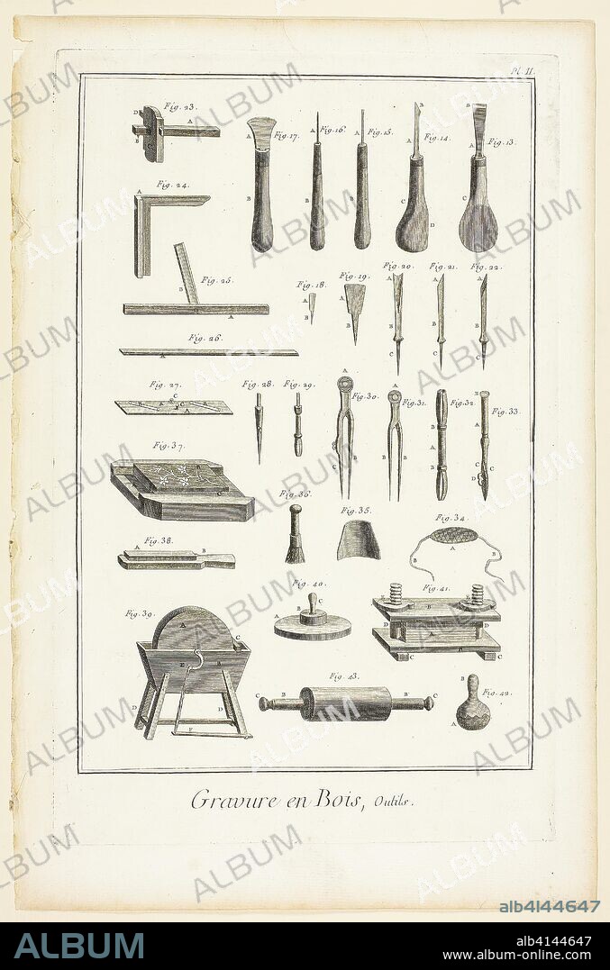 Wood Engraving, Tools, from Encyclopédie. A. J. Defehrt (French, active 18th century); published by André le Breton (French, 1708-1779), Michel-Antoine David (French, c. 1707-1769), Laurent Durand (French, 1712-1763), and Antoine-Claude Briasson (French, 1700-1775). Date: 1762-1777. Dimensions: 310 × 208 mm (image); 355 × 225 mm (plate); 400 × 265 mm (sheet). Engraving on cream laid paper. Origin: France.