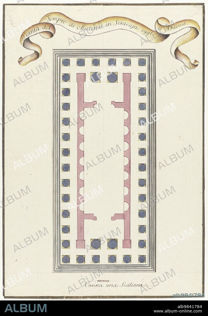 LOUIS MAYER. Plan of the Minerva Temple in Syracuse, 1778. 'Pianta del Tempio di Minerva in Siracusa oggi il Duomo'; Canna una Siciliana'. (Plan of the Temple of Minerva in Syracuse, now the Cathedral; Sicilian cane or rod). Drawing from the album "Voyage en Italie, en Sicile et à Malte", (Journey in Italy, Sicily, and to Malta), 1778.