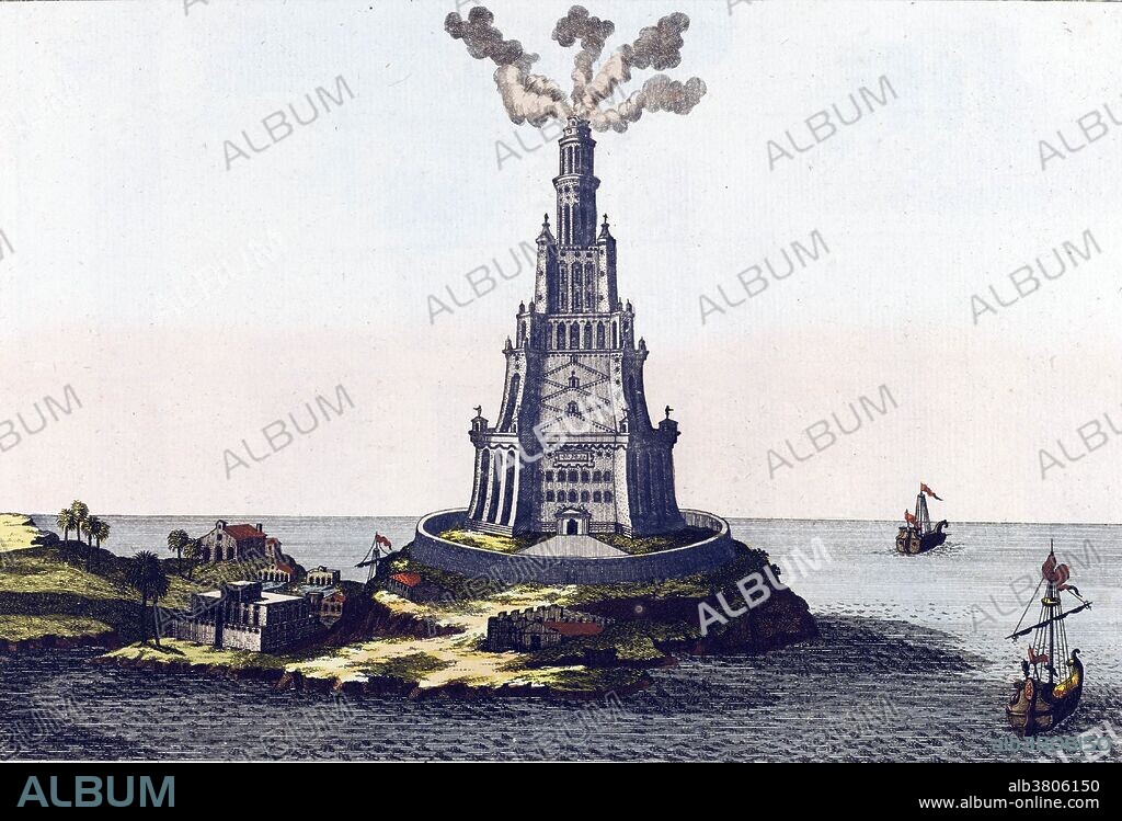 The lighthouse at Alexandria, Egypt was built in the 3rd century BC. The height of the lighthouse was estimated to be between 380 and 440 feet tall. It was identified as one of the Seven Wonders of the Ancient World by Antipater of Sidon. The lighthouse was badly damaged, with barely any remaining ruins, after three earthquakes. The first was in 956, then another in 1303, and the last in 1323. Engraving appeared in Costumes, manners, customs and material culture in Antiquity and the Middle Ages by Robert von Spalart, circa 1804-11.