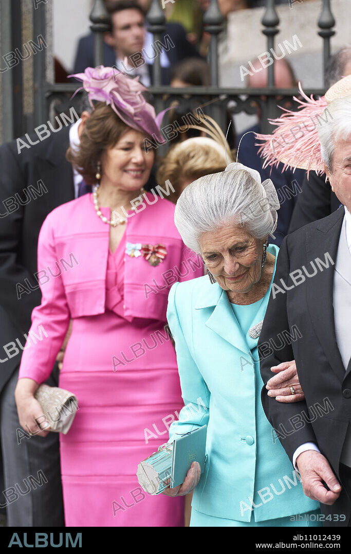 Beatriz Moreno y de Borbon, Lucas Urquijo y Fernandez-Araoz, Teresa de Borbon-Dos Sicilias y Borbon-Parma, Inigo Moreno y Artega, 12th Marquess of Laula leaves after the wedding of Jose Luis Martinez Almeida, major of Madrid, and Teresa Urquijo at Sagrado Corazon and San Francisco de Borja Church on April 6, 2024 in Madrid, Spain.