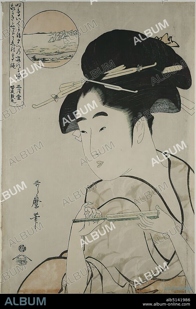 Kitagawa Utamaro, The Beauty from Takanawa, color woodcut, Total: Height: 37,10 cm; Width: 24,50 cm, signed: Signature: Utamaro-hitsu , Publisher: Tsutaya Jzabur, censorship stamp, prints, printed matter, courtesan, hetaera, Edo period.