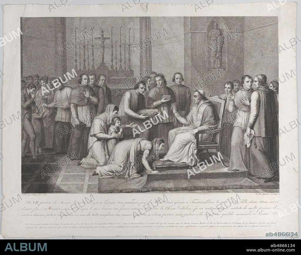 CARLO LASINIO and VINCENZO DE BONIS. A woman kneels to kiss the foot of Pope Pius VII, with a crowd behind her at left, 1814-50.
