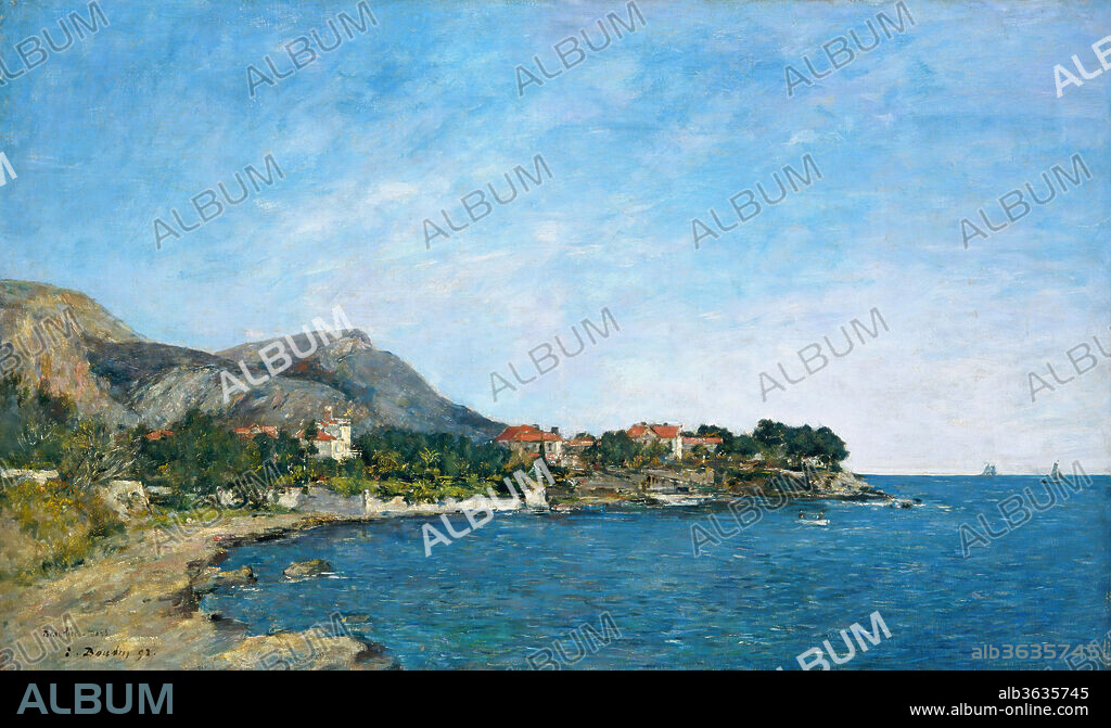 EUGENE BOUDIN. Beaulieu: The Bay of Fourmis. Artist: Eugène Boudin (French, Honfleur 1824-1898 Deauville). Dimensions: 21 5/8 x 35 1/2 in. (54.9 x 90.2 cm). Date: 1892.
Painted in the small town of Beaulieu on the French Riviera in March 1892, this canvas was shown soon after, with two other seaside views, at the Salon of the Société Nationale des Beaux-Arts. Relatively unaffected by developments in painting in his time, Boudin used a conventional compositional arrangement.