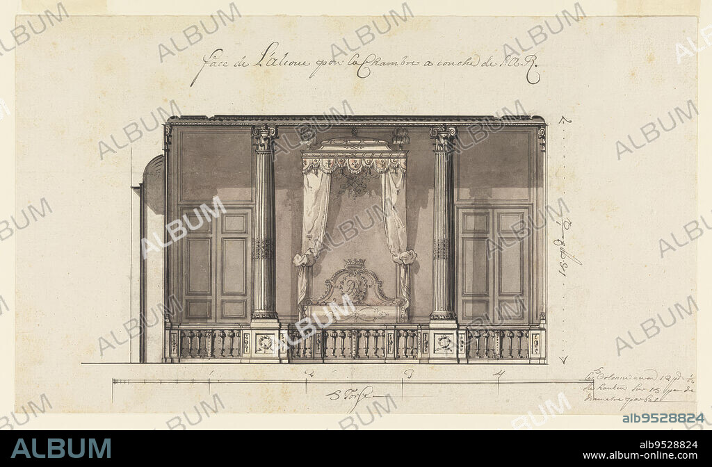 GILLES MARIE OPPENORD. Alcove seen in elevation frontally, with bed à la duchesse (no footboard and canopy supported from the ceiling) enclosed by a balustrade which supports two fluted and gilded composite columns. The state bed shows the cypher of the Regent, Philippe Charles, Duc d'Orleans. The height is indicated at the right. Pen and black ink, brush and watercolor on white laid paper. Date: ca. 1716.