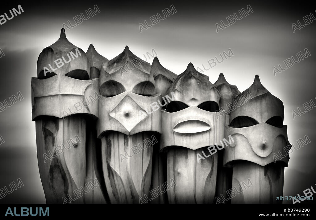 Gaudi chimneys on roof of Casa Mila (La Pedrera), UNESCO World Heritage Site, Barcelona, Catalonia, Spain, Europe.