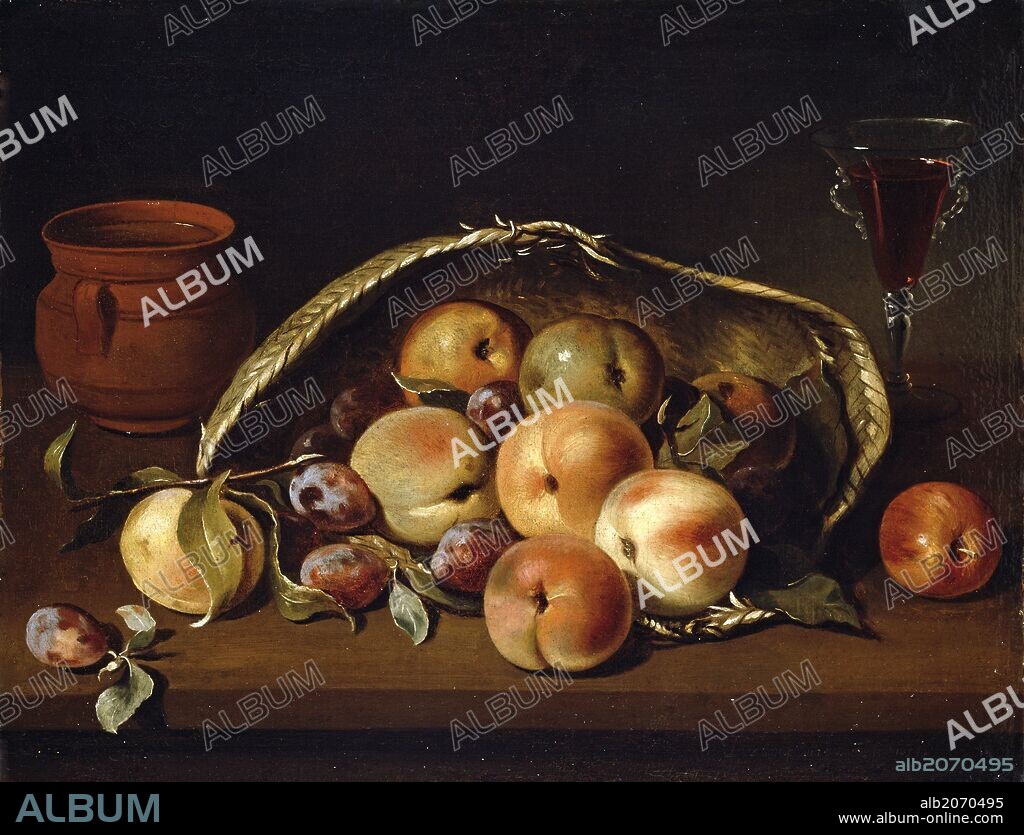 PEDRO DE CAMPROBÍN. Pedro Camprobín / 'Cesto con melocotones y ciruelas', 1654, Escuela Española, Óleo sobre Lienzo, 36 cm x 46 cm, P07916.