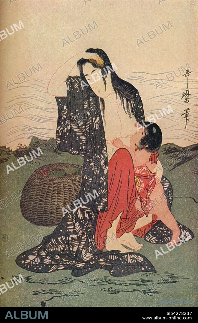 'The centre panel of a triptych',  c1797-98, (1936). Kitagawa Utamaro (1753-1806), Japanese ukiyo-e woodblock of a woman in patterned blue kimono, combing wet hair while breastfeeding a naked child. Coloured pigment on hand-made washi paper. From "The Studio Volume III" [London Offices of the Studio, London, 1936.].