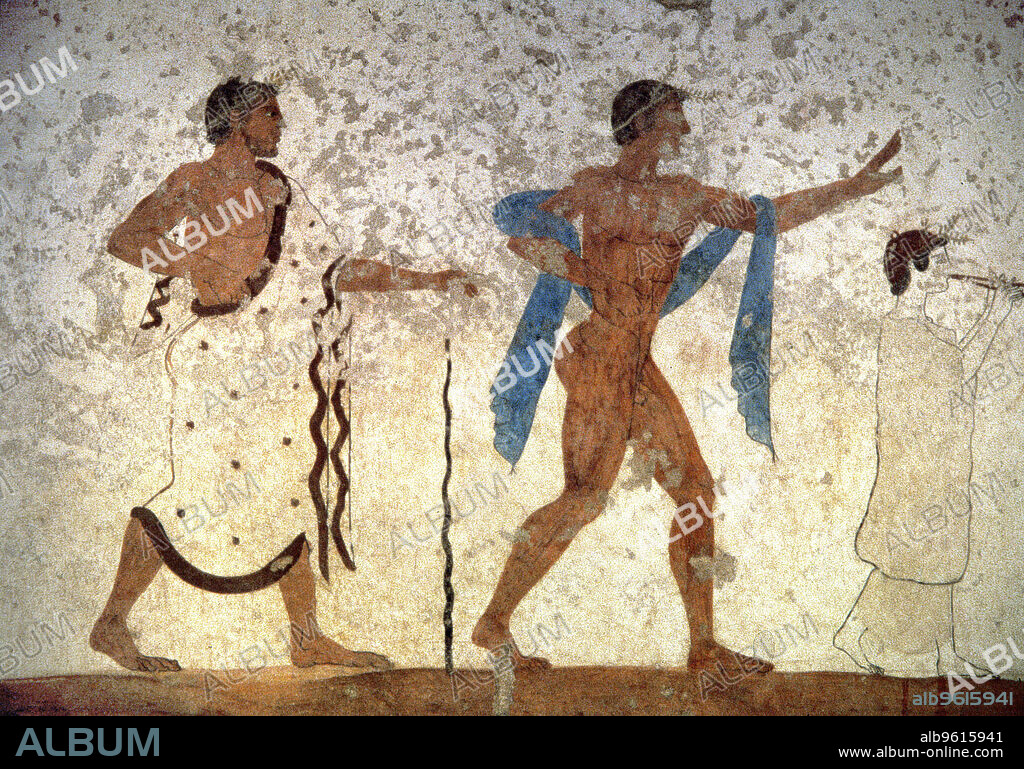 Ephebo preceded by a musician and by the master of ceremonies, detail of a painting in the Jumper tomb of Paestum.