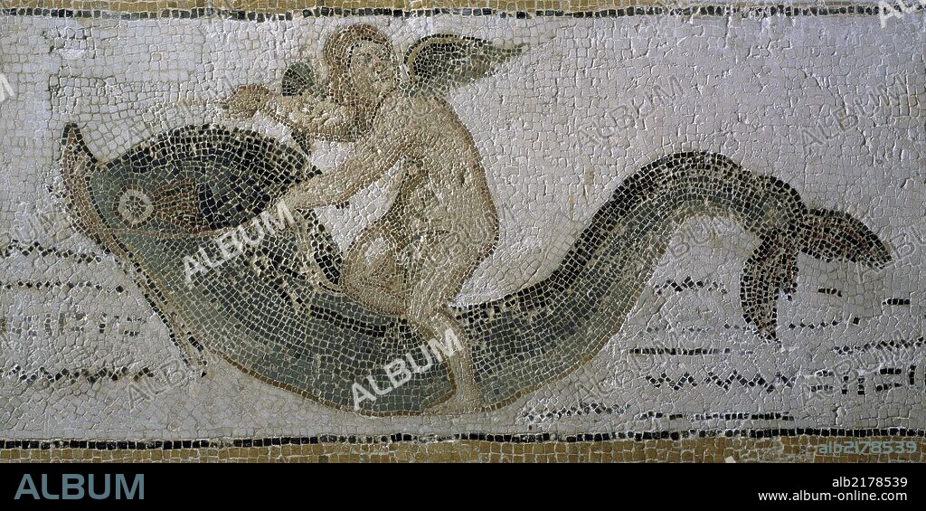 Cupid riding a dolphin, detail of a mosaic uncovered in Thaenae (Henchir Thyna), Tunisia. Roman Civilisation, 3rd century.