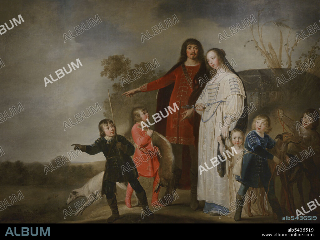 PIETER FRANSZ DE GREBBER (H.1600-1652/1653). DUTCH PAINTER.. Pieter Fransz de Grebber (ca. 1600-1652/1653). Dutch Golden Age painter. Family group. Family portrait in a landscape, ca. 1630. It depicts a noble family in a hunting scene, the parents with their four sons. Oil on canvas (204,5 x 291,5 cm). Oil on canvas. National Museum of Ancient Art. Lisbon, Portugal.