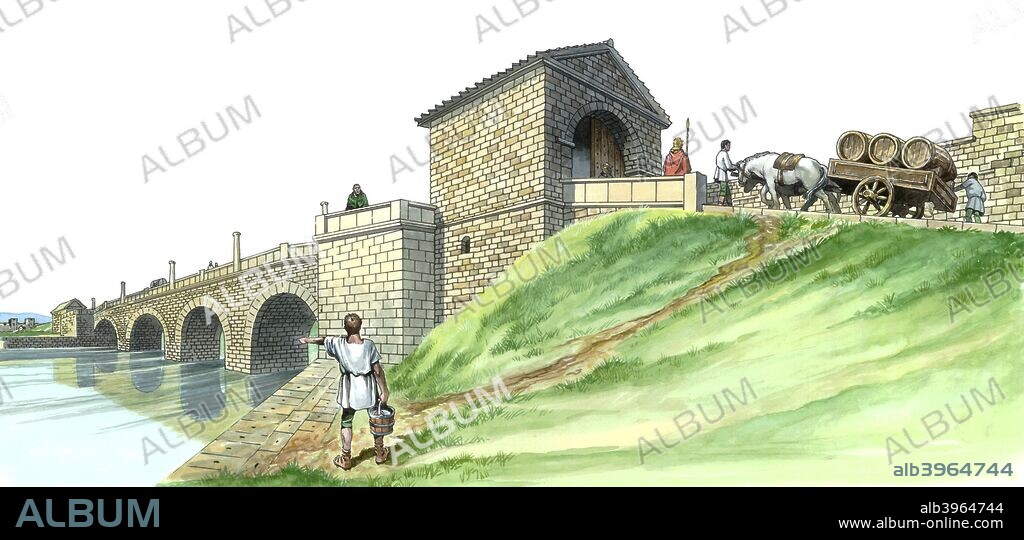 Hadrian's Wall Chesters Bridge Abutment, c2nd century, (1990-2010). Reconstruction drawing of Chesters Bridge, Northumberland. A Roman bridge over the River North Tyne at Chollerford. The bridge carried the Military Way Roman road.
