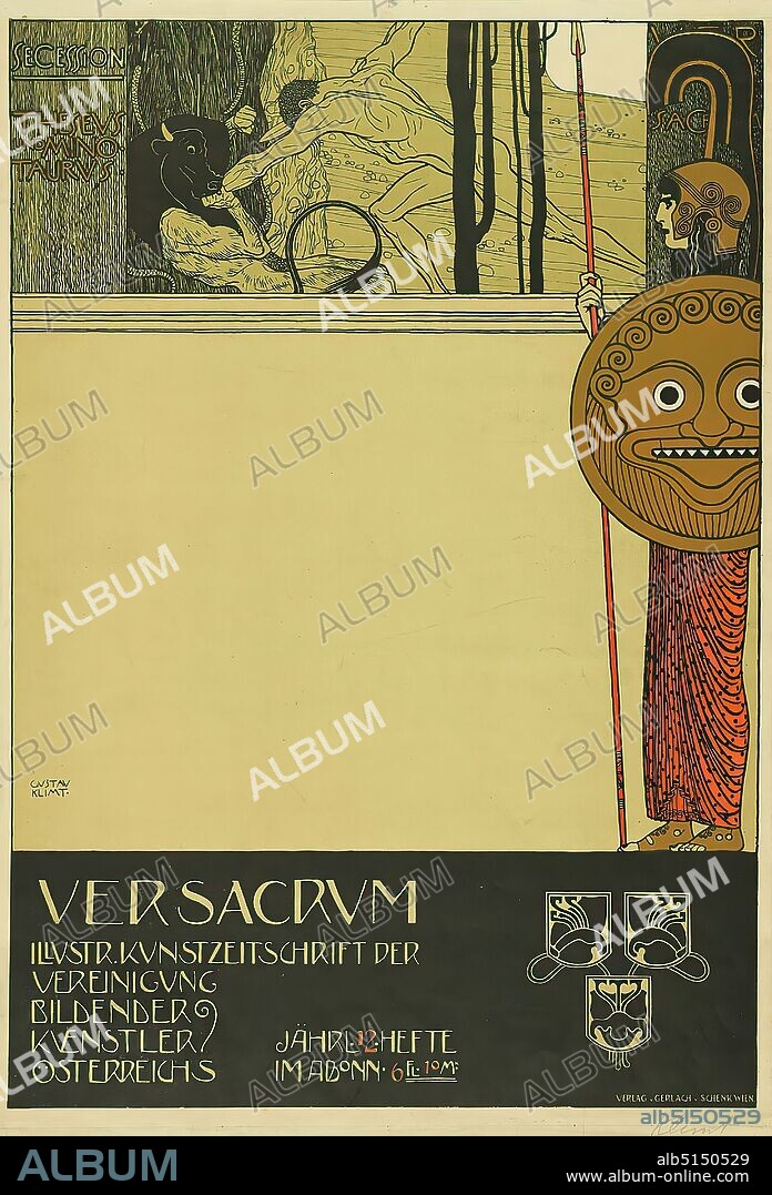 Gustav Klimt, Vienna Secession, Gerlach & Schenk, Ver Sacrum. Illustrated art magazine of the Association of Austrian Visual Artists, lithograph, total: height: 74.8 cm; width: 43.3 cm, signed: u. li. in print in the illustration: GUSTAV KLIMT, inscribed: u. r.: in lead: Klimt, product advertising (posters), art/culture (posters), Theseus kills the Minotaur, bull, attributes of Minerva, art nouveau.