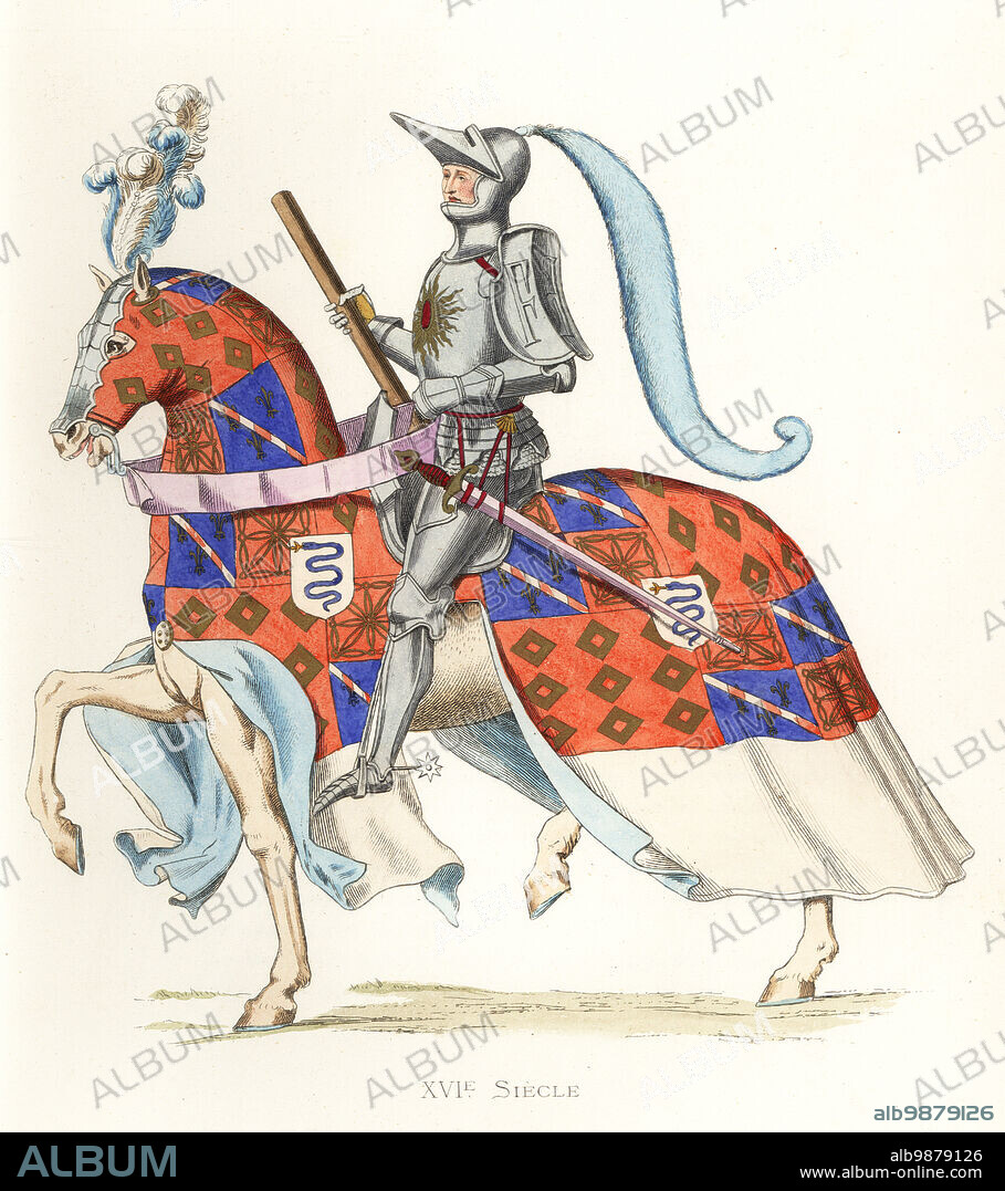 Peter II of Rohan-Gié (1523). In suit of plate armour, plumed helmet with sword, on a horse caparisoned with his coat of arms. Pierre Vicomte de Rohan, Seigneur de Gie, Marechal de France. After a contemporary tapestry. Handcolored lithograph after an illustration by Edmond Lechevallier-Chevignard from Georges Duplessis's Costumes historiques des XVIe, XVIIe et XVIIIe siecles (Historical costumes of the 16th, 17th and 18th centuries), Paris, 1867. Edmond Lechevallier-Chevignard was an artist, book illustrator, and interior designer.