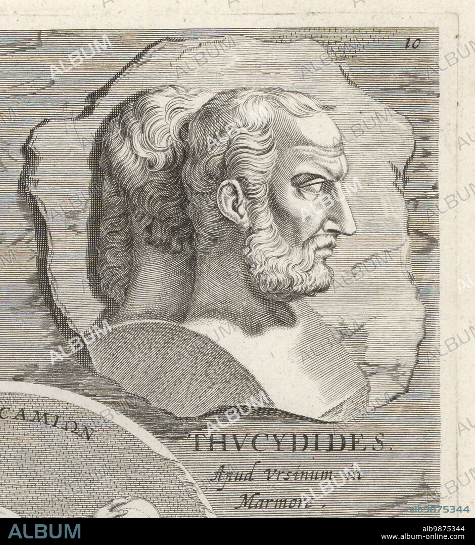 Thucydides, Athenian historian and general, c.460-400 BC. Author of a History of the Peloponnesian War recounting the fifth-century BC war between Sparta and Athens. Thucydides. Copperplate engraving after an illustration by Joachim von Sandrart from his LAcademia Todesca, della Architectura, Scultura & Pittura, oder Teutsche Academie, der Edlen Bau- Bild- und Mahlerey-Kunste, German Academy of Architecture, Sculpture and Painting, Jacob von Sandrart, Nuremberg, 1675.
