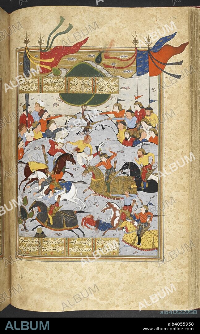 The battle of Mount Hamawan between the armies of Gudarz and Piran. Shahnama of Firdawsi, with 56 miniatures. 1580 - 1600. Source: I.O. ISLAMIC 3540, f.144v. Language: Persian.