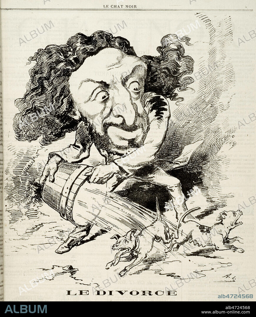 Le divorce. Alfred NAQUET (1834-1916)(arrosant deux chiens qui se separent). Caricature d'Andre GILL (1840-1885) pour Le Chat noir de 1882 Credit : Coll. Dixmier/KHARBINE-TAPABOR.