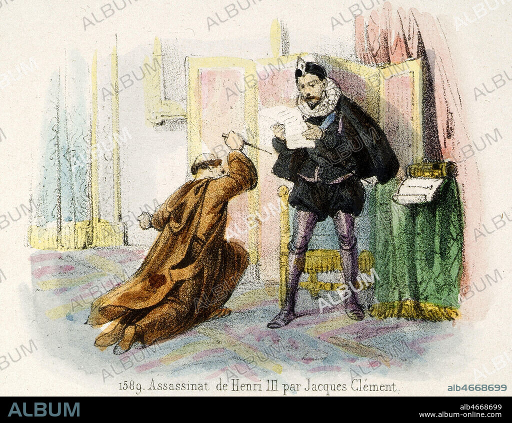'1589 : assassinat de HENRI III (1551-1589) par Jacques Clement (1569-1589)'. Gravure de Victor ADAM (1801-1867) tiree de l'ouvrage Histoire de France en Tableaux publie en 1844. Credit : Collection Grob/KHARBINE-TAPABOR.