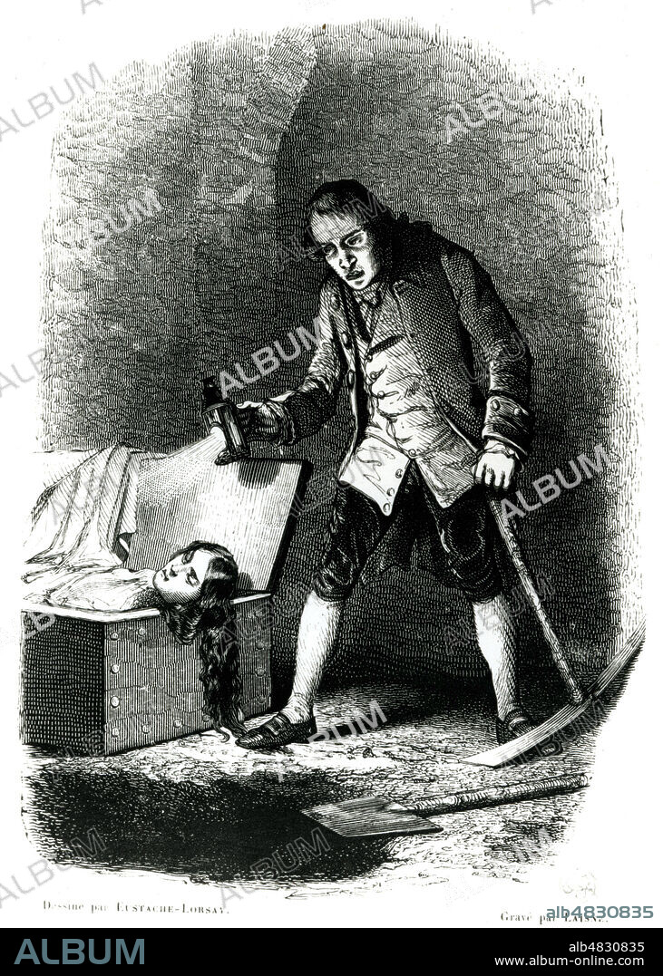 Desrues et le cadavre de sa victime. Antoine-Francois Desrues, empoisonneur. Illustration par Eustache-Lorsay tiree de l'ouvrage 'Les prisons de Paris' par Alhoy et Lurine, publie en 1846 (19eme, XIXe s.) Credit : Collection Jean Vigne/KHARBINE-TAPABOR.