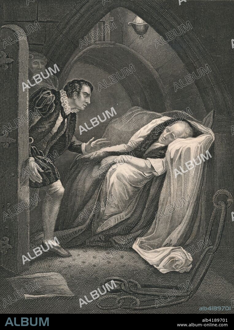 'The Death of Mortimer.', (mid 19th century). Scene from Shakespeare's "Henry VI", (act II scene V). Richard Plantagenet enters a cell in the Tower of London to find Edmund Mortimer lying dead. In the foreground are metal shackles. [John Tallis & Company, London & New York].