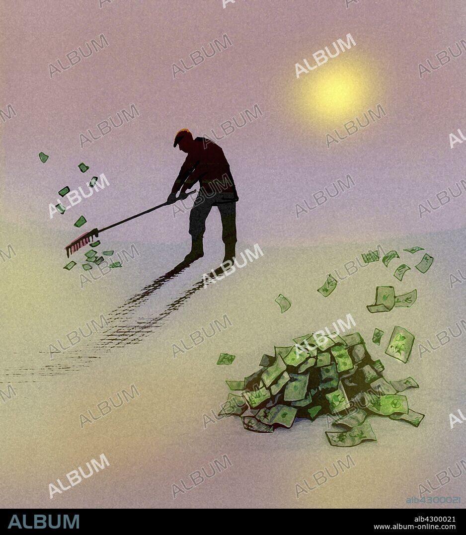 Man raking up piles of money banknotes.