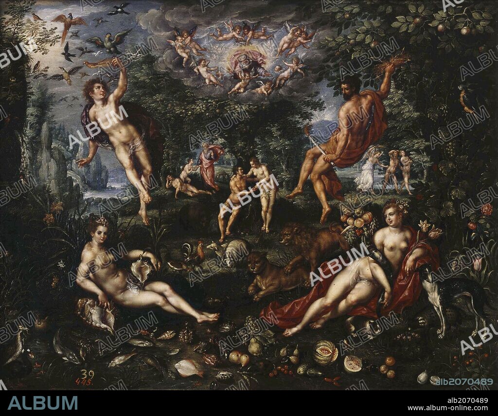 DENYS VAN ALSLOOT and HENDRICK DE CLERCK. Denis van Alsloot; Hendrik de Clerck / 'Paradise and the Four Elements', 1606-1609, Flemish School, Oil on panel, 58 cm x 74 cm, P01409.