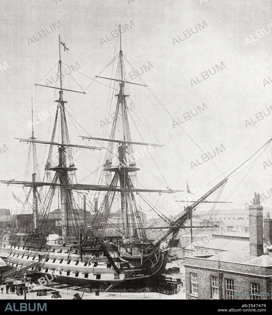 HMS Victory, Lord Nelson's flagship, in drydock at Portsmouth, England in 1922 for restoration. From The Romance of the Merchant Ship, published 1931.