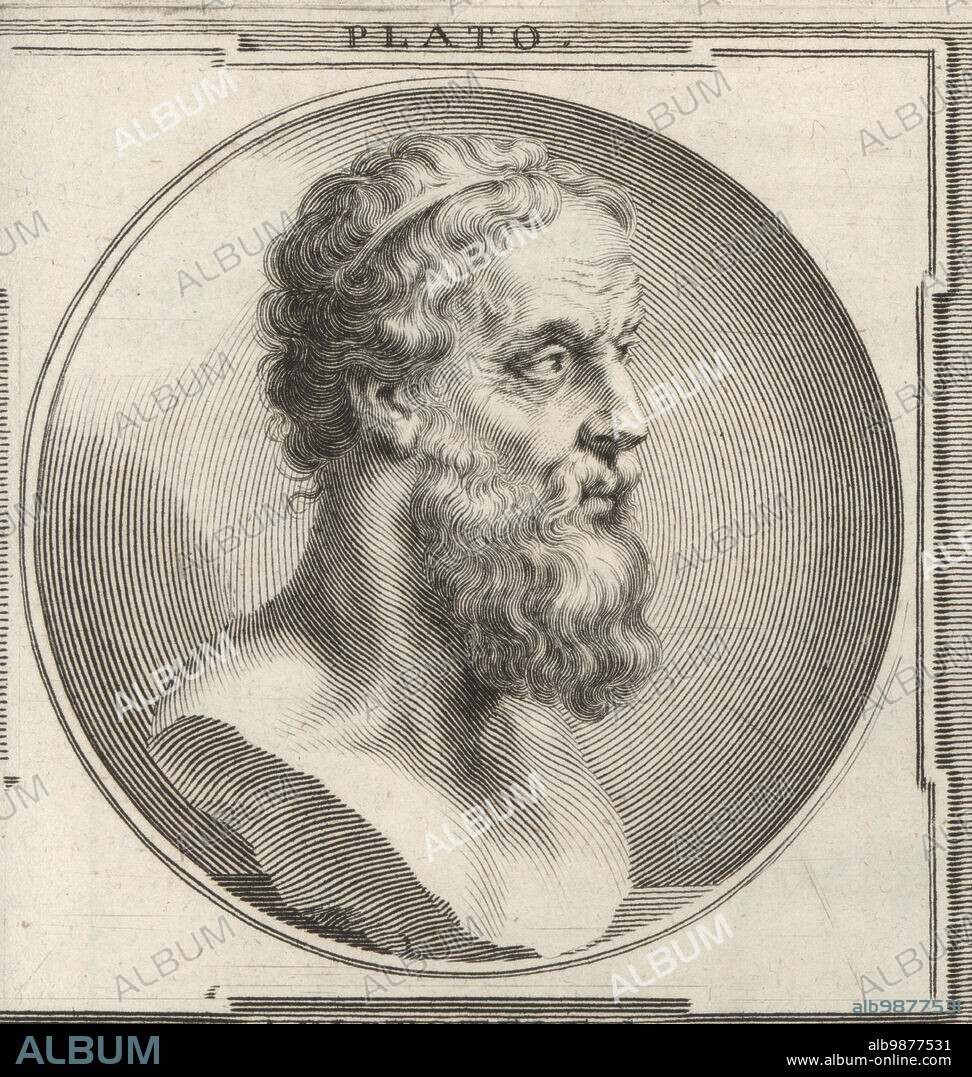 Plato, ancient Greek philosopher born in Athens during the Classical period in Ancient Greece, c.428-348 BC. Plato. Copperplate engraving by Bartholomaus Kilian after an illustration by Joachim von Sandrart from his LAcademia Todesca, della Architectura, Scultura & Pittura, oder Teutsche Academie, der Edlen Bau- Bild- und Mahlerey-Kunste, German Academy of Architecture, Sculpture and Painting, Jacob von Sandrart, Nuremberg, 1675.