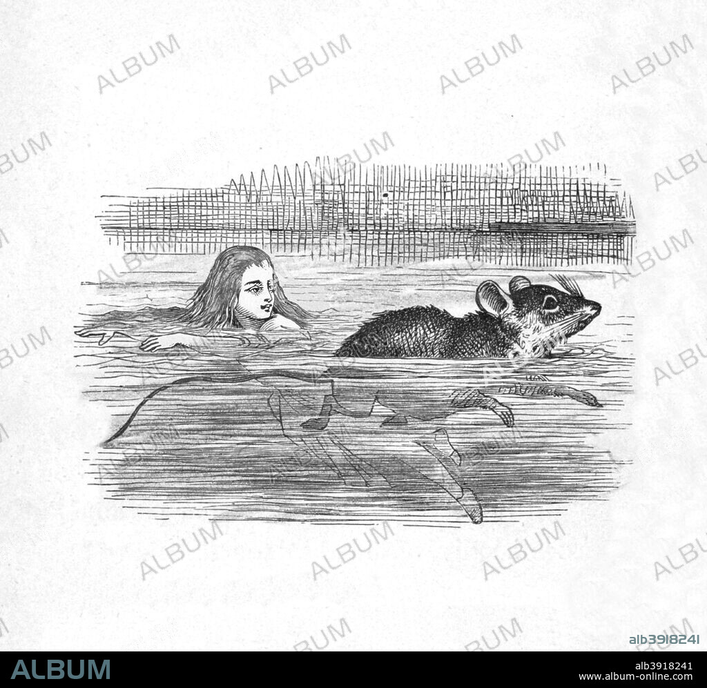 'Alice swimming with a mouse in a pool', 1889. Lewis Carroll's (1832-1898) 'Alice in Wonderland' as illustrated by John Tenniel (1820-1914). From Alice's Adventures in Wonderland by Lewis Carroll. [Macmillan & Co., New York, 1889].