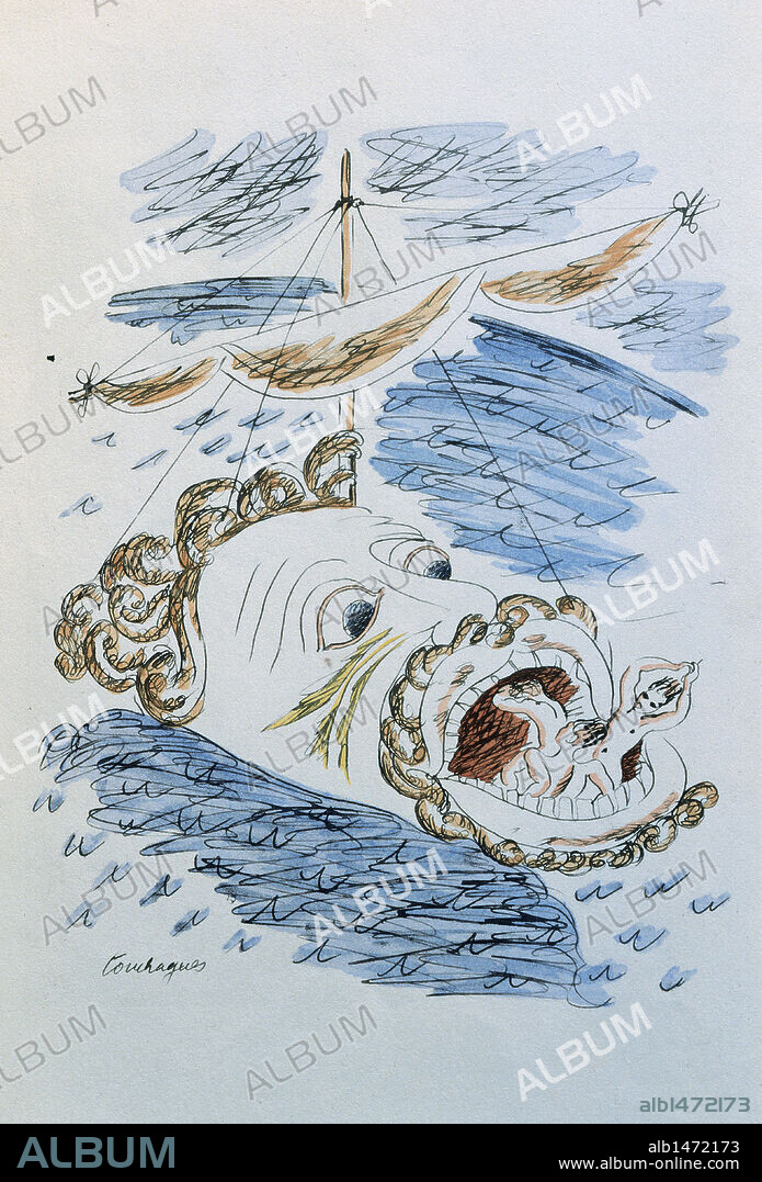 LITERATURA FRANCESA. SIGLOS XIX-XX. LAFORGUE, Jules (Montevideo, 1860-París, 1887). Poeta simbolista francés nacido en Uruguay. ACUARELA de TOUCHAGUES para ilustrar la poesía "LE VAISSEAU FANTOME", perteneciente a la obra "LE SANGLOT DE LA TERRE".
