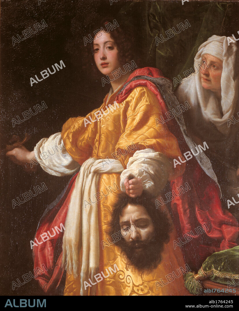 Judith with the Head of Holofernes, by Cristofano Allori, 1612 about, 17th Century, oil on canvas, cm 139 x 116. Italy, Tuscany, Florence, Palazzo Pitti, Palatine Gallery. The picture reveals the intellectual curiosity of Allori, who manages to absorb the most important new art ideas. He looks to the classical-style cadences of the school of Annibale Carracci, to Guido Reni and to Lanfranco, and the results of Caravaggios style of painting as mediated by Gentileschi. Allori portrays his lover Mazzafirra in the guise of Judith an amorous metaphor, in keeping with the literary and court environment frequented by the artist. All. Heroin Jewish woman Judith robe yellow Naples cloak red head decapitated man bearded Holofernes nurse background dark. Authorization required for non editorial use.