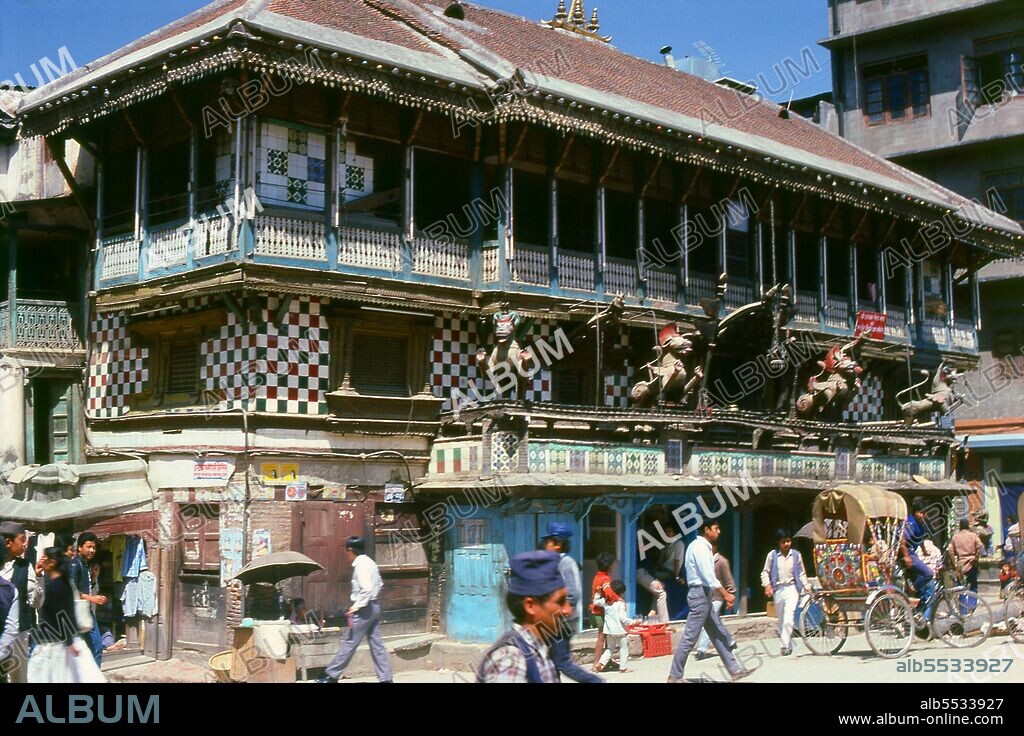 At Indra Chowk, or the 'Courtyard of Indra', a two-storey temple dedicated to one of the 64 forms of the Bhairav, Akash Bhairav (Bhairav of the Air), looks out over the intersection of several lanes. Housing a silver statue of Akash Bhairav, the temple is partly covered with sheets of brass, and two brass lions stand guard at the door. During the festival of Indra Jatra, a large mask of Akash Bhairav is displayed on a shrine assembled in front of the temple. Akash Bhairav is considered a manifestation of Indra, the rain god.