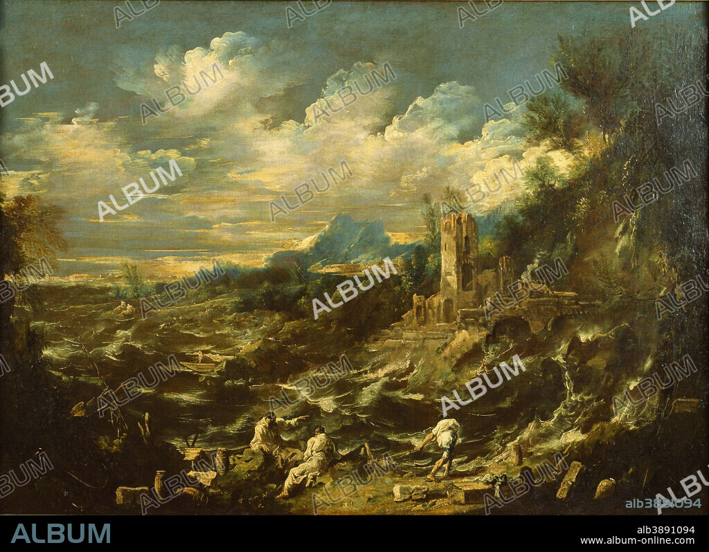 ALESSANDRO MAGNASCO. Landscape with Stormy Sea. Date/Period: Ca. 1718-25. Painting. Oil on canvas Oil on canvas. Height: 930 mm (36.61 in); Width: 1,300 mm (51.18 in).