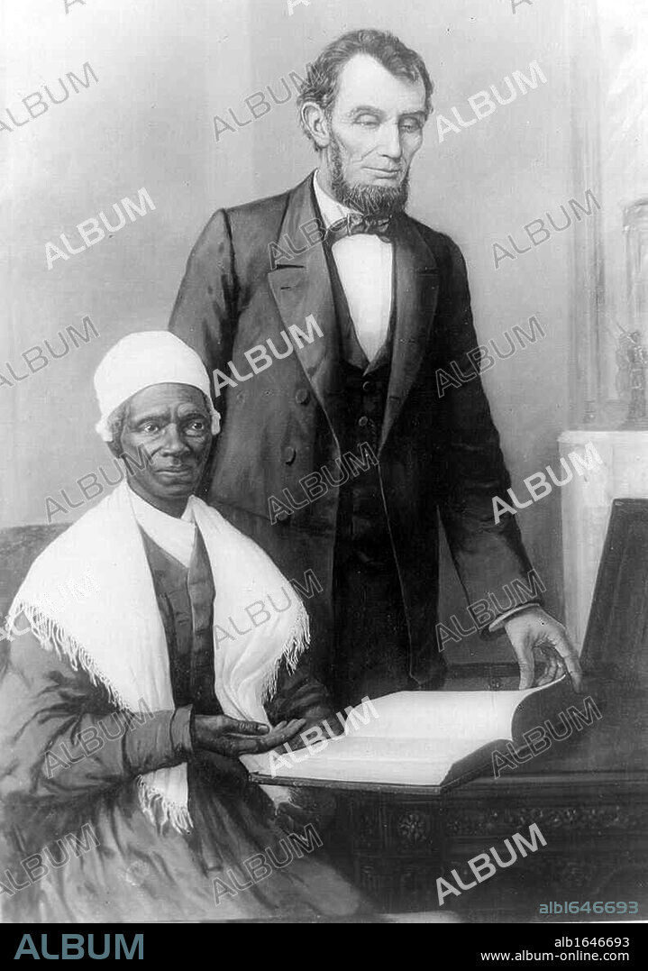 Sojourner Truth (c. 1797 - November 26, 1883) was the self-given name, from 1843, of Isabella Baumfree, an African-American abolitionist and women's rights activist. Pictured with President Abraham Lincoln in October 1864.