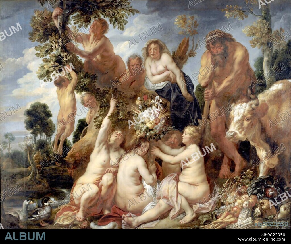 The Overcoming of Achelous by Hercules. The Origin of the Cornucopia, Allegory of Fertility, Painting by Jacob Jordaens, Historical, Digitally restored reproduction of a historical work of art