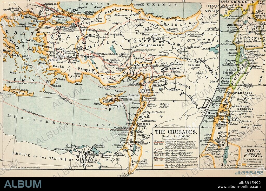 'The Crusades', c1906, (1907). A map showingn the routes of the crusaders. From The World's History, Volume VI. Edited by Dr. H. F. Helmolt [William Heinemann, London, 1907].