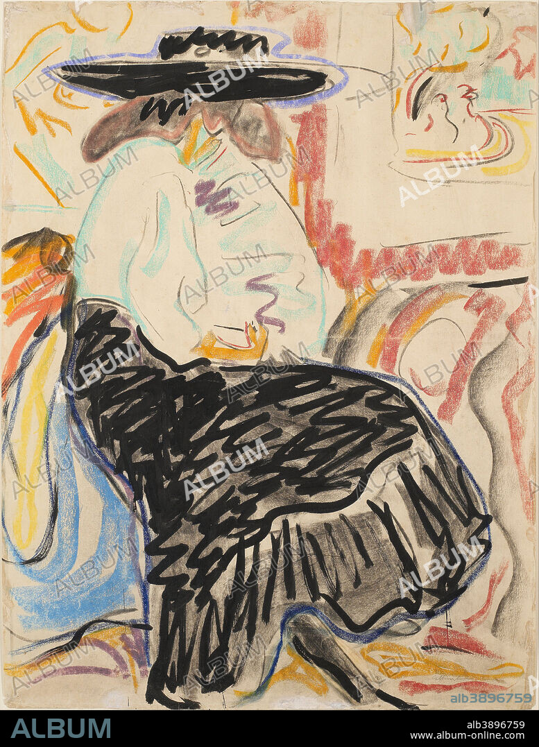 ERNST LUDWIG KIRCHNER. Seated Woman in the Studio. Date/Period: 1909. Pastel, brush and ink. Height: 35.3 in (89.8 cm); Width: 26.6 in (67.6 cm).