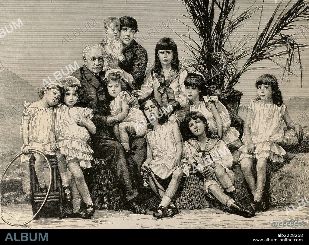 LESSEPS, Ferdinand Marie, Vizconde de (Versalles, 1805-Castillo de La Chenaie, 1894). Administrador francés constructor del canal de Suez, inaugurado en 1869 y del canal de Panamá (1876). "Lesseps y su familia". "La Ilustración Artística", 1888.