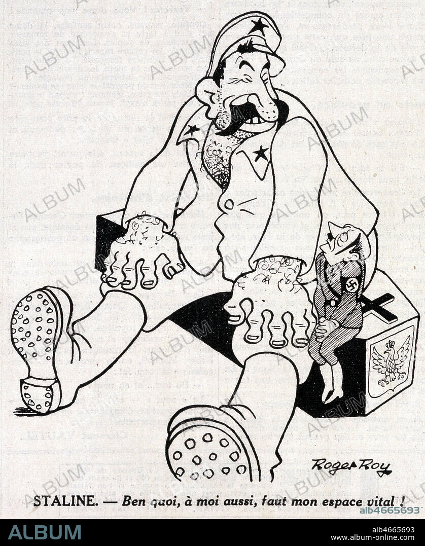 Caricature de STALINE assis sur un cerceuil representant la Pologne ne laissant pas beaucoup de place a Hitler: 'Staline: - Ben qoui, a moi aussi, faut mon espace vital.' in Gringoire du 05/10/1939. Credit: Collection Kharbine-Tapabor.
