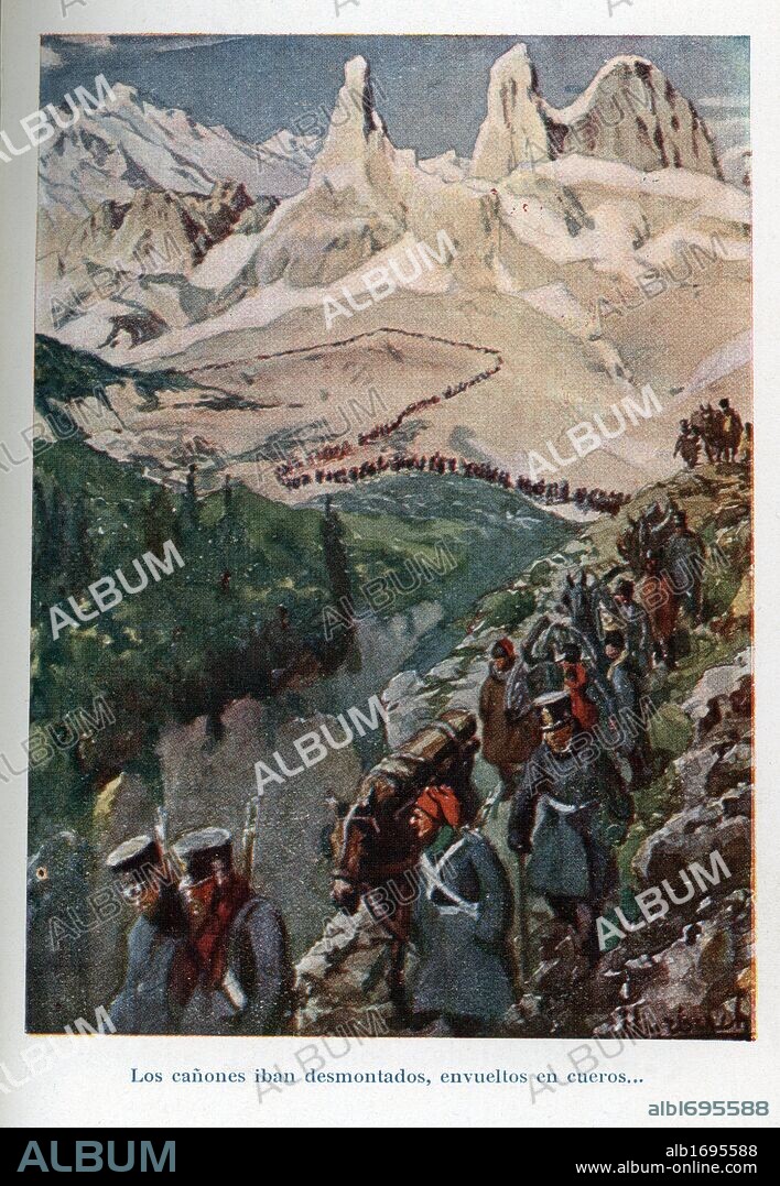 El paso de los Andes por el ejército libertador del General San Martín (Río de la Plata, 1778-Boulogne-sur-Mer, 1850), militar y político argentino. Dibujo de 1932.