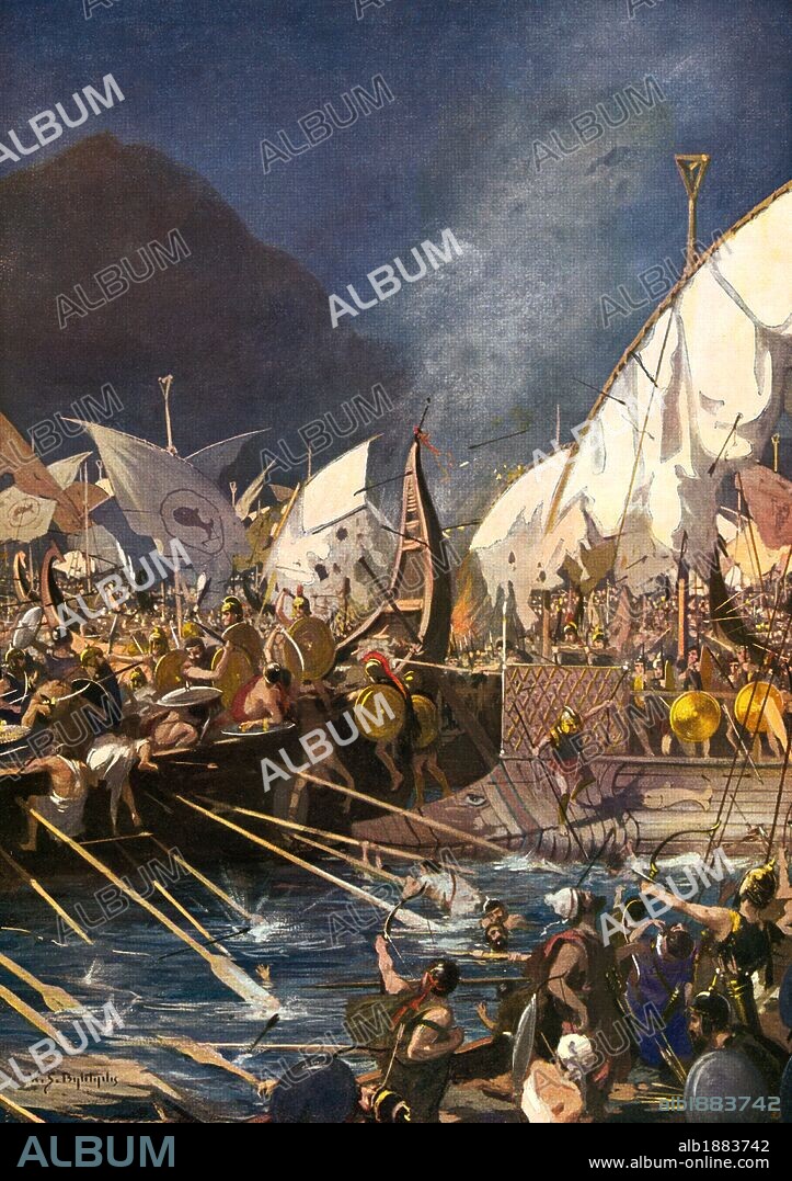 Greco-Persian Wars (499-449 B.C.) Battle of Salamis. 480 BC. Illustration by William Spencer Bagdatopoulos (1888-1965). Signed W.S. Bylityilis.