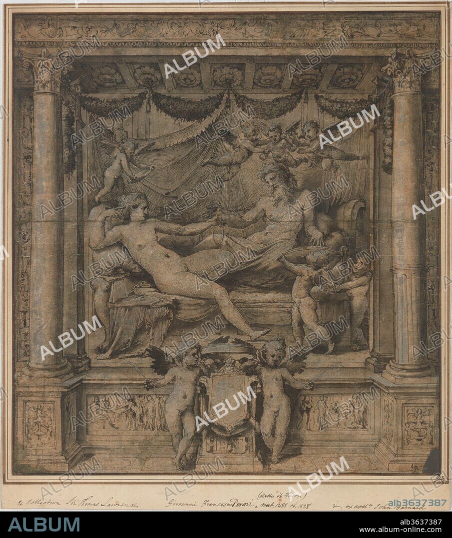 Jupiter and Juno: Study for the 'Furti di Giove' Tapestries. Artist: Perino del Vaga (Pietro Buonaccorsi) (Italian, Florence 1501-1547 Rome). Dimensions: Sheet: 17 x 15 3/4 in. (43.2 x 40 cm). Date: ca. 1532-35.
One of Perino's most beautiful and important drawings, this monumental depiction of the Roman gods holding hands as they recline on their marriage bed is a highly finished study for one of the woven panels in a lavish and costly set of tapestries, now lost, depicting the clandestine erotic adventures of Jupiter (the "Furti di Giove"). The tapestry series was commissioned by Admiral-Prince Andrea Doria, ruler of Genoa and one of Perino's major patrons, to hang in his newly erected palace on the outskirts of the city as a dazzling display of princely magnificence and cultivated taste. The artist envisioned the amorous composition as if seen through a window complete with illusionistic framing elements lavishly decorated with classical detailing. The high degree of finish, lack of changes or revisions, and rich combination of media, as well as the large size and the inclusion of the surrounding borders and heraldic shield, suggest that this drawing was made as a presentation piece to show the patron. Trained in Raphael's studio in Rome, Perino absorbed the lessons of his master's vocabulary (steeped in classical antiquity) into his own uniquely personal, elegant Mannerist style. This mature drawing of Jupiter and Juno, with its emphasis on extreme artifice, decorative grace, and effortless refinement, represents something of a culmination in Perino's artistic career. It also more than proves his sheer technical virtuosity and capacity for extravagant invention.
(Carmen C. Bambach).