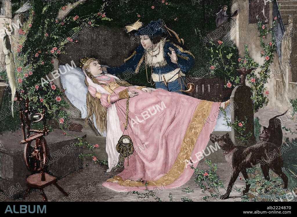 The Sleeping Beauty. The miracle of love. Engraving in The Iberian Illustration, 1885. Colored.