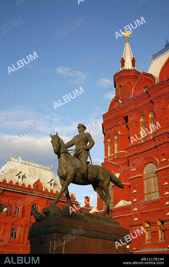 Statue of Marshal Georgy Zhukov by the Historical Museum at Manezhnaya Square, Moscow, Russia, Europe.