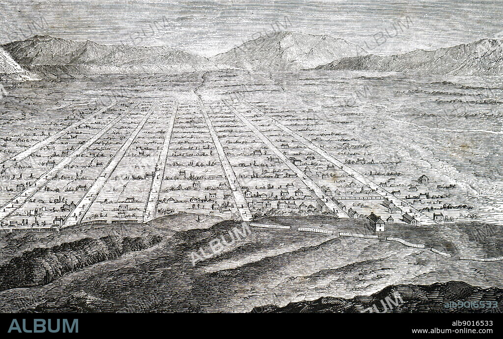 Engraving depicting a view of Salt Lake City, Utah. Dated 19th century.