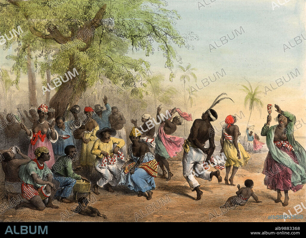 A group of black slaves dancing in the Dou, contains musical instruments such as maracas and drums, 1839, Suriname, Historic, digitally restored reproduction from a 19th century original.