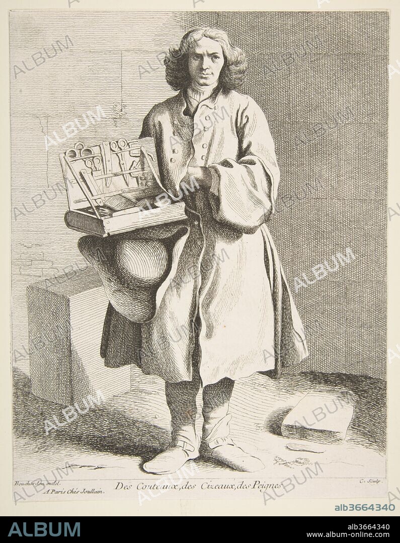 COMTE DE CAYLUS ANNE CLAUDE PHILIPPE DE TUBIÈRES and AFTER EDME BOUCHARDON. Peddler of Knives, Scissors and Combs. Artist: Anne Claude Philippe de Tubières, comte de Caylus (French, Paris 1692-1765 Paris); After Edme Bouchardon (French, Chaumont 1698-1762 Paris). Dimensions: Sheet: 9 7/16 x 7 5/16 in. (23.9 x 18.5 cm)
Image: 9 x 7 1/4 in. (22.9 x 18.4 cm). Series/Portfolio: Cries of Paris: Fourth Set
(Études Prises dans le Bas Peuple où les Cris de Paris: Quatrième Suite). Date: 1742.