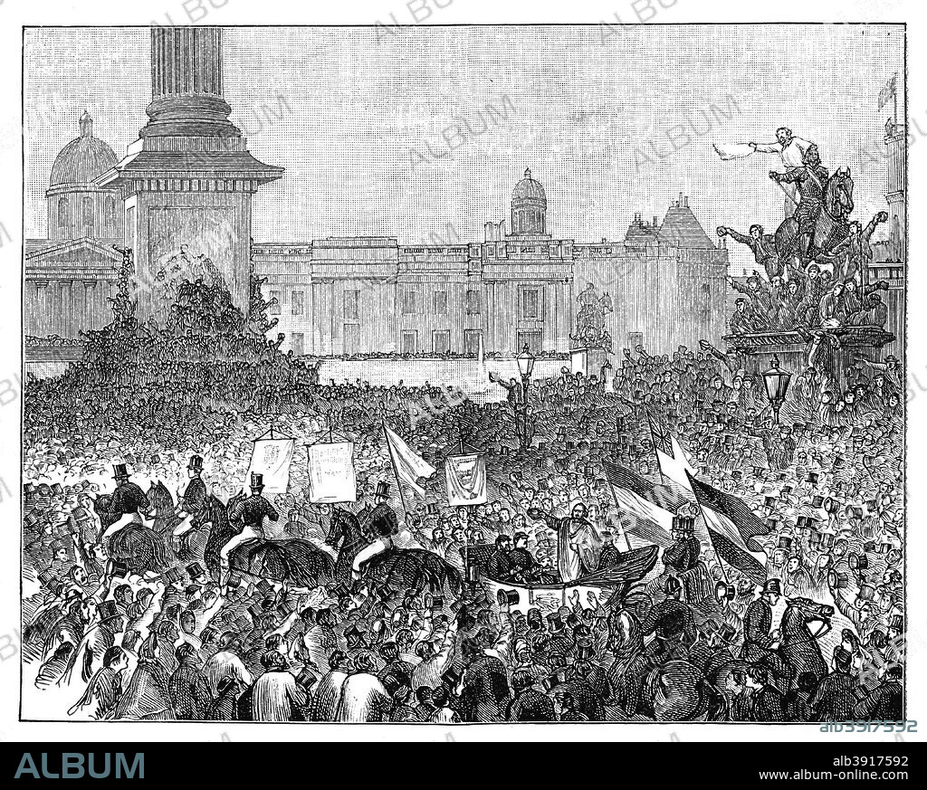 Giuseppe Garibaldi's reception in Trafalgar Square, London, 1864. Excited crowds greet the Italian soldier and statesman. Illustration from The Life & Times of Queen Victoria, by Robert Wilson, Vol III.