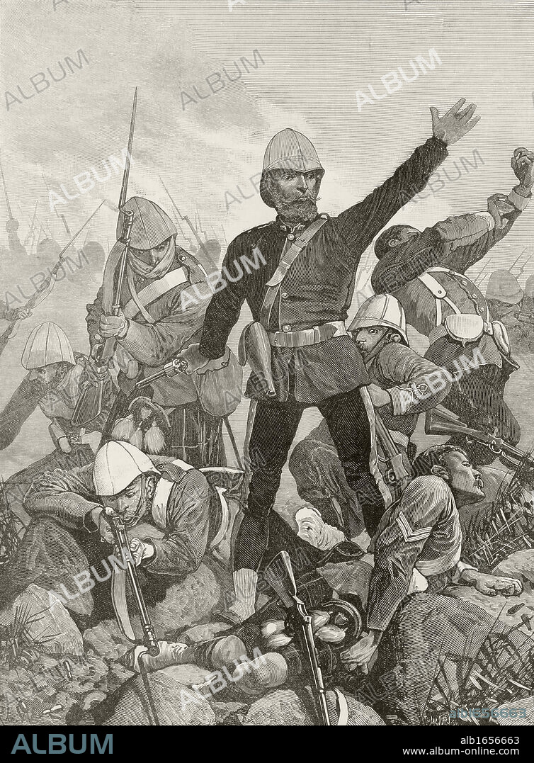 Sir George Pomeroy Colley, 1835 to 1881, British general, at the Battle of Majuba Hill during the First Boer War. From Afrika, dets Opdagelse, Erobring og Kolonisation, published in Copenhagen, 1901.