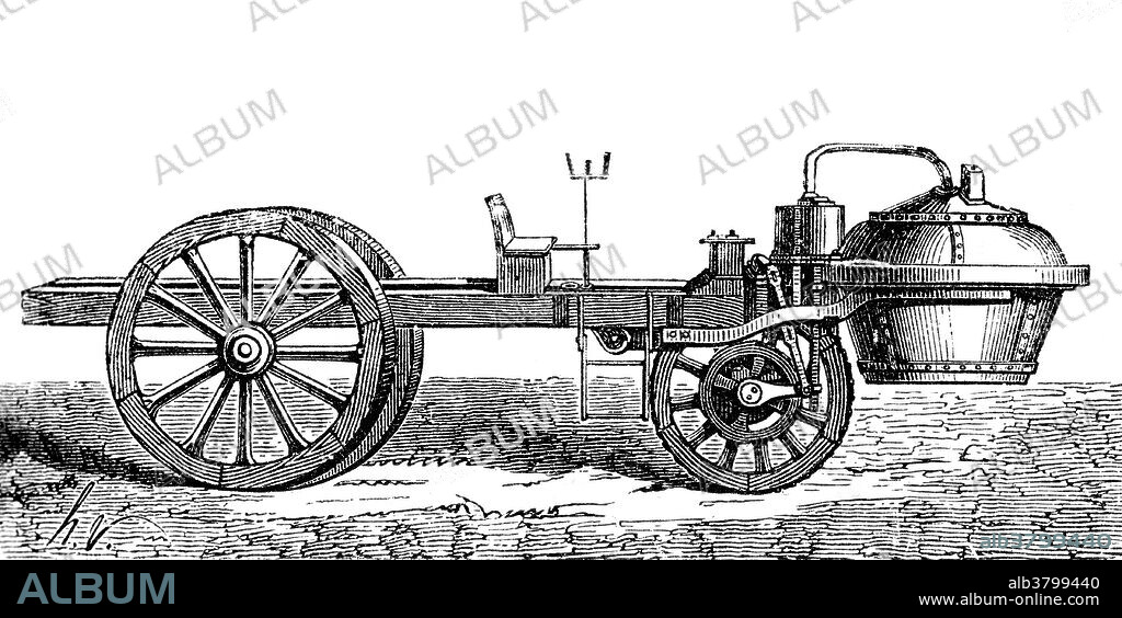 Nicolas-Joseph Cugnot (February 26, 1725 - October 2, 1804) was a French inventor. He built the first working self-propelled mechanical vehicle. He was one of the first to employ successfully a device for converting the reciprocating motion of a steam piston into rotary motion by means of a ratchet arrangement. A small version of his three-wheeled fardier a vapeur (steam dray) ran in 1769. The vehicle had two wheels at the rear and one in the front that supported the steam boiler and driving mechanism. The power unit was articulated to the trailer and steered from there by means of a double handle arrangement. It, reportedly, seated four passengers and moved at a speed of 2.25 miles per hour. The vehicle was unstable due to poor weight distribution. After running a small number of trials the project was abandoned and the French Army's experiment with mechanical vehicles came to an end.